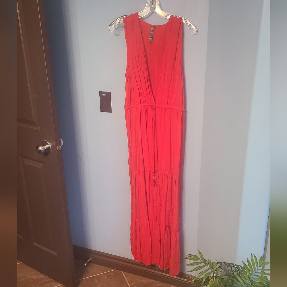 Turquoise red deep V dress Size L.